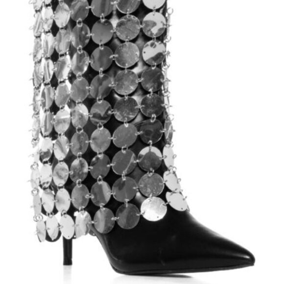 AZALEA WANG " SILVER DOMAIN " SILVER DISC EMBELLISHED BOOT  BLACK ( BRAND NEW!!! - Picture 2 of 5